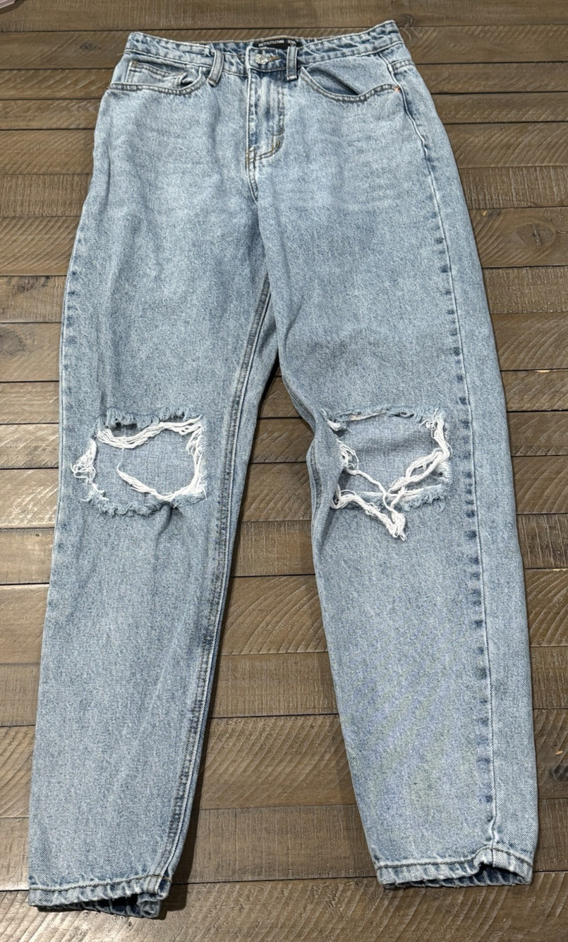 Pretty Little Thing Mom Jeans Distressed Medium Blue Denim- Ink Stain Back- Sz 4
